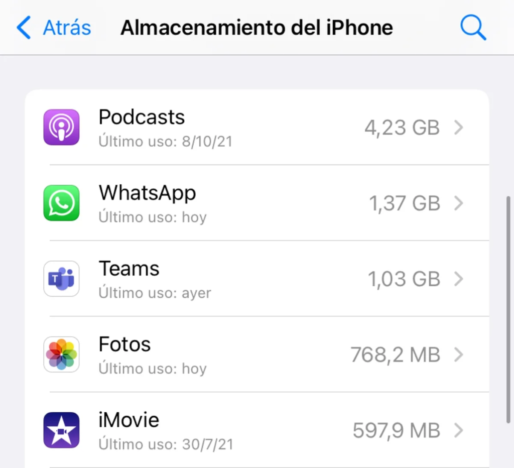 almacenamiento del iphone 