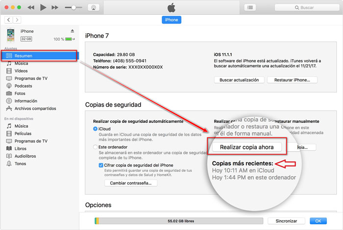 copia de seguridad mediante itunes