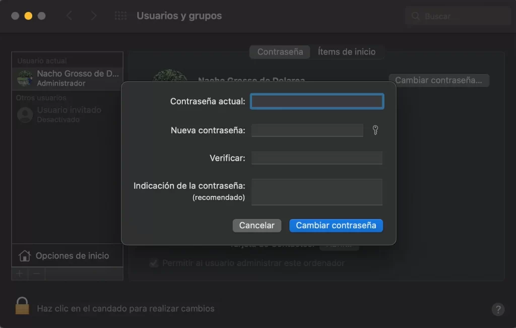 Cambiar contraseña Mac